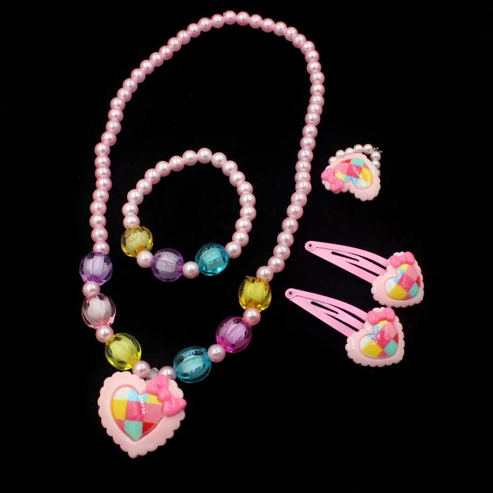 1set Charming Handmade Heart Beaded Kids Jewelry Set - Includes Necklace, Bracelet, Hair Clips Perfect gift for Princess 1