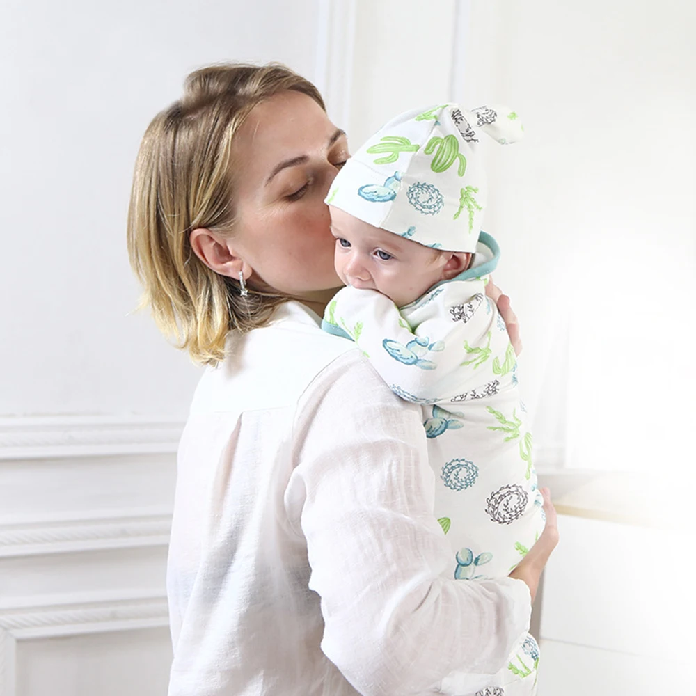 Insular Soft Baby Swaddle Muslin Blanket Printed by Cute Animal and Zipper Wrap Swaddling Blanket + Hats Set 5