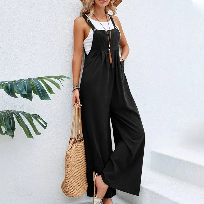 Women's Cotton Linen Jumpsuit Retro Solid Color Casual Strap Pants Button Pocket Suspender Pants