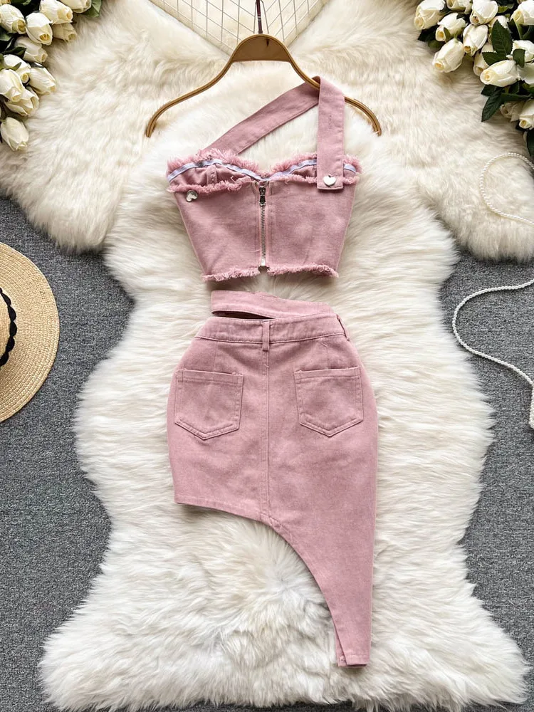 Summer Pink Denim Sexy Women Sets Elegant Zipper Suspenders