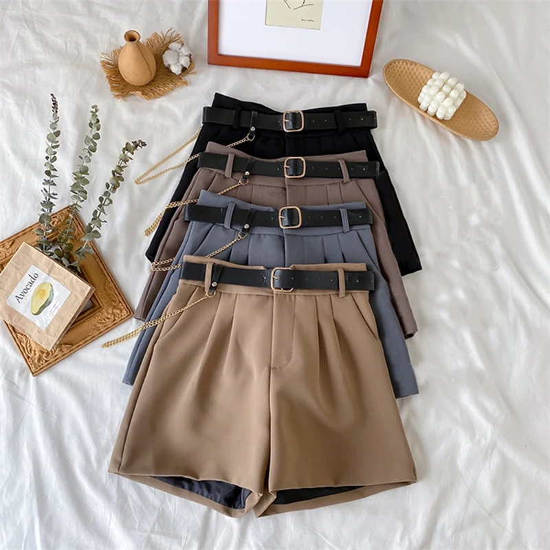 2021 High Waist Thin Women's Office Shorts Wide Legged A-Line Suit Shorts Female Korean Style Casual New Short Pants with Belt american eagle shorts