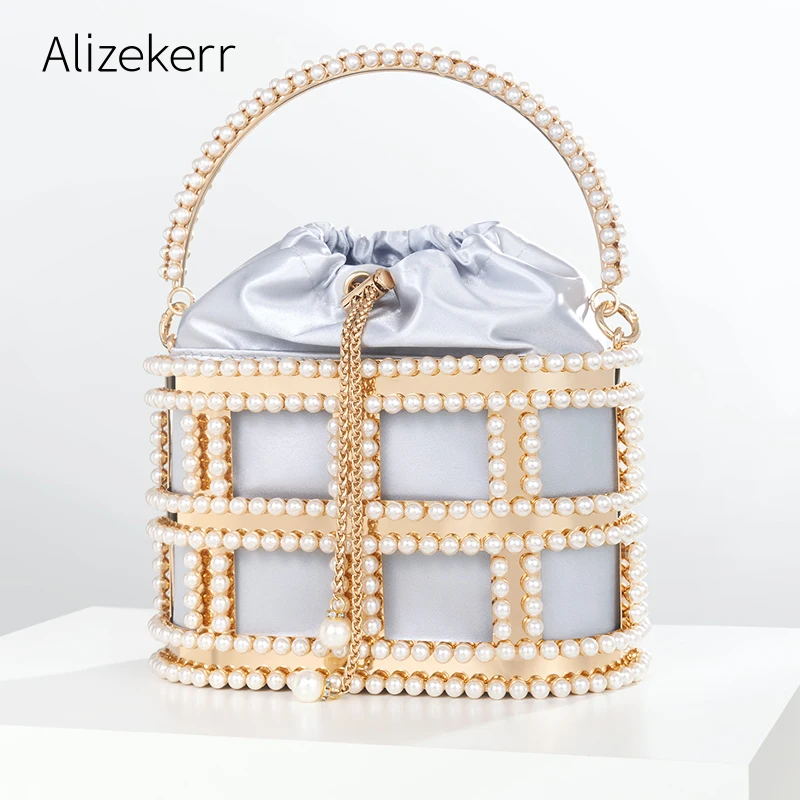 

Gorgeous Pearl Metal Cage Evening Bags Women New Boutique Chic And Elegant Hollow Out Metallic Purses And Handbags Wedding Party