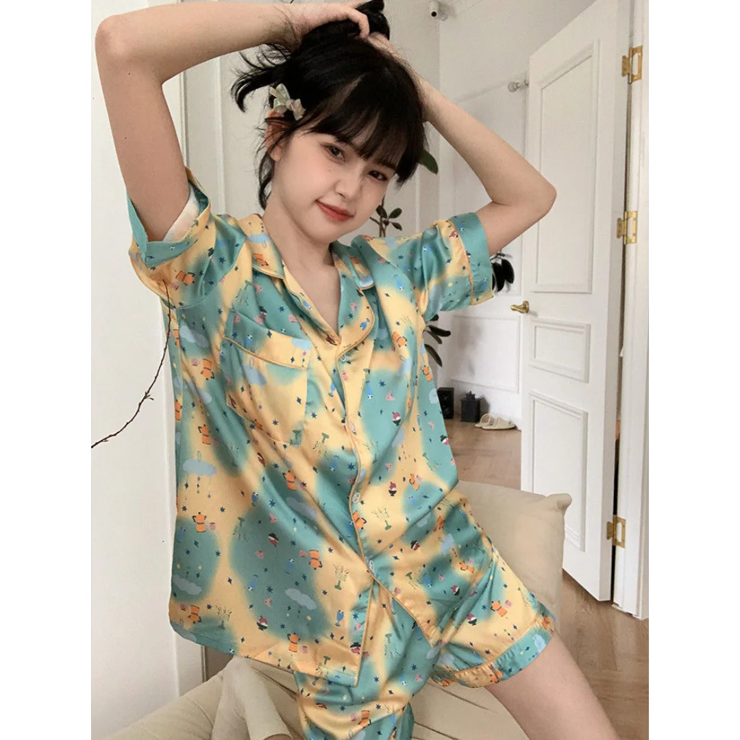 Short Sleeve Lounge Wear Pajamas Women Sleepwear Pyjamas Sleepwear Cotton With Pockets Sleep Nightwear Women's Heart Sets