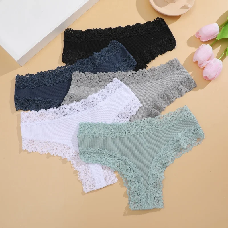 3 Teile/satz Frauen Baumwolle Höschen Floral Spitze Brasilianische Höschen Sexy Low Taille Dessous Weibliche Weiche Unterwäsche Solide T-Zurück Bikini – Detail 11