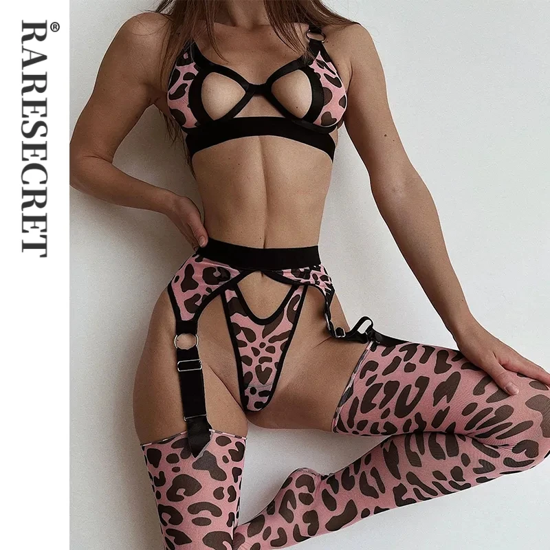 

Pink Leopard Lingerie Cut Out Bra Sensual Brief Sets 4-Piece Leggings See Through Fancy Underwear Garter Intimate With Stocking