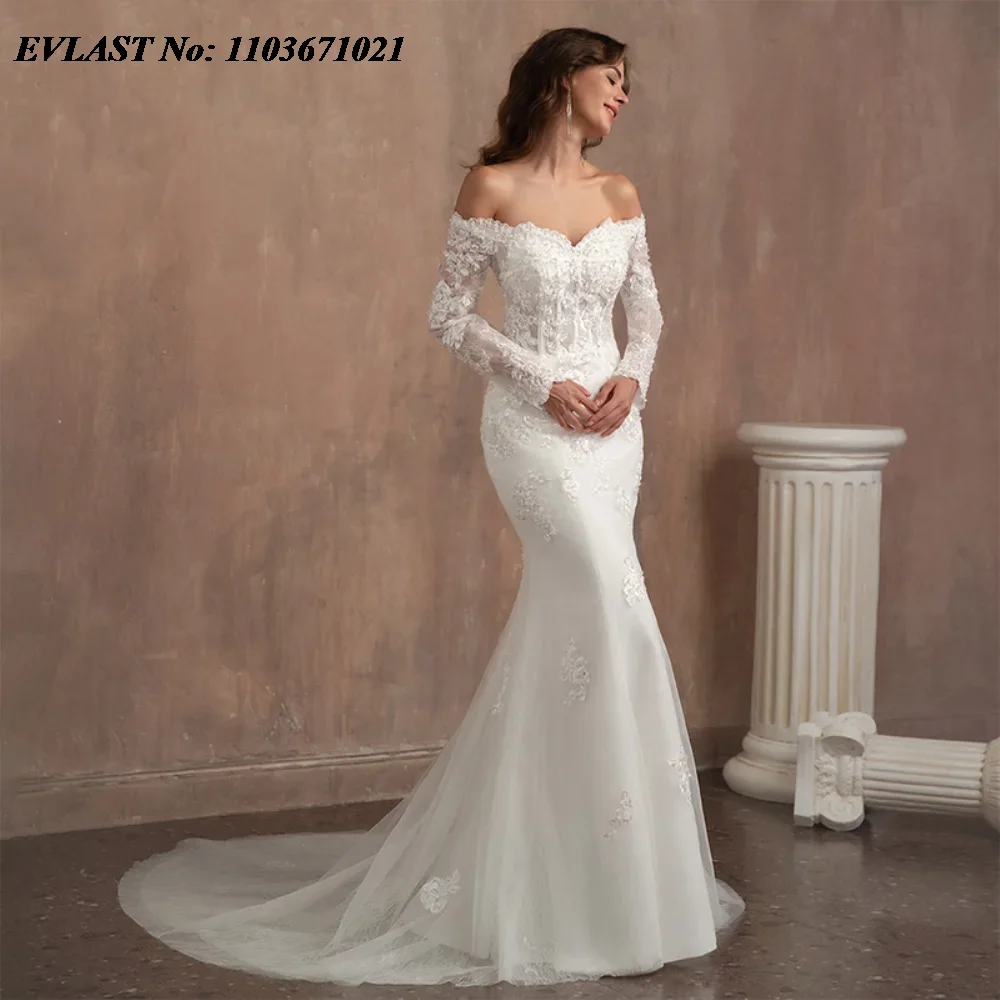 EVLAST Customized 2025 Mermaid Wedding Dress Off Shoulder Lace Applique Beading Vestido De Novia Bridal Gown Robe De Mariee MD05 2