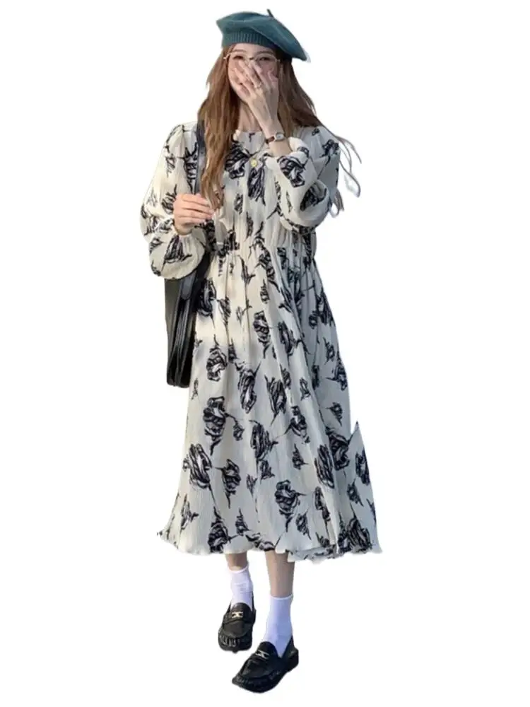 

Spring Summer Elegant Vintage Long Sleeves Dresses for Women Fashion Chiffon Rose Pleated Print Dress Beach Party Maxi Dresses