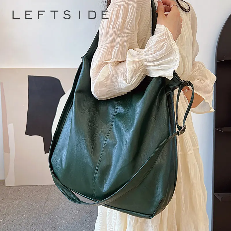 LEFTSIDE 여성용 빅 가죽 토트백, 2023 트렌드, 심플하고 대용량, 레트로 숄더백, 핸드백