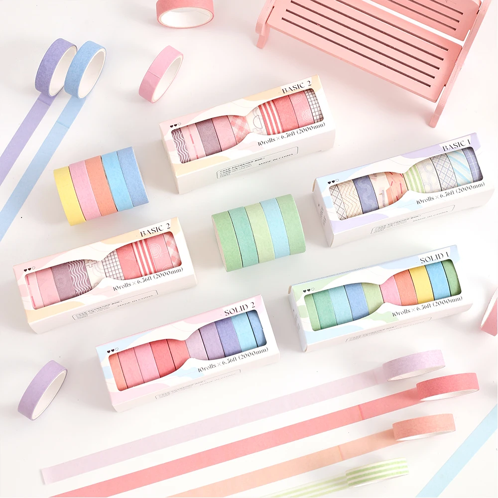 Colorful Slim Solid Color Washi Tape Set DIY Decorative Masking Tape Wrapping Scrapbooking Journaling Supplies 10 Rolls