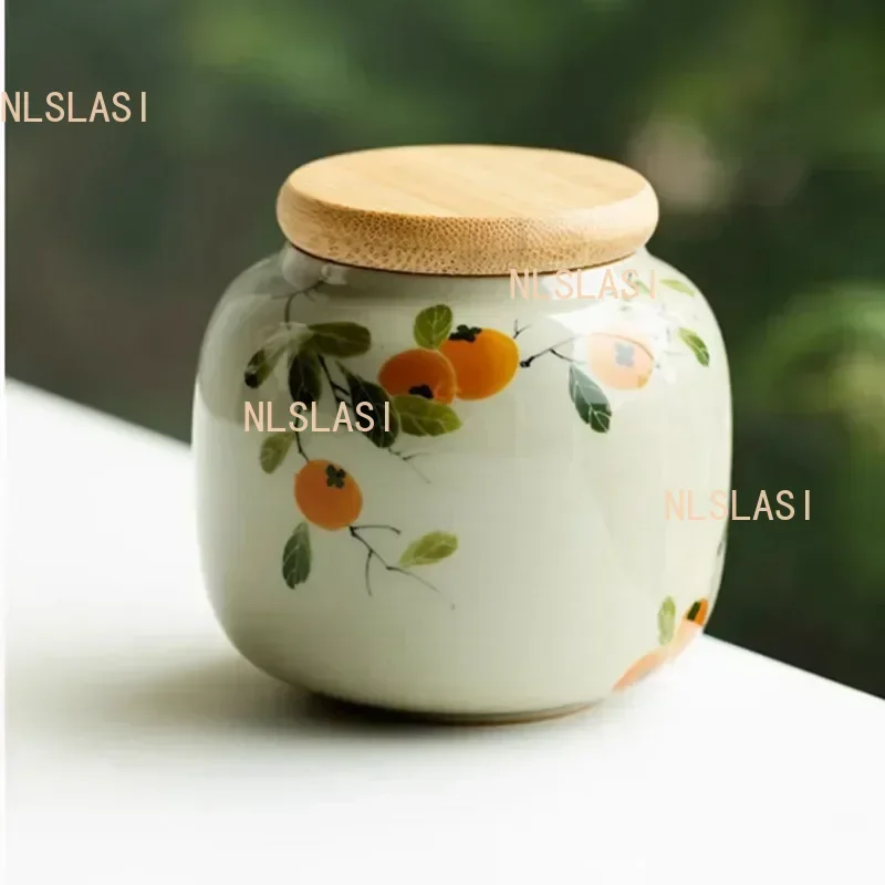1pc Chinese Ceramic Tea Caddy Hand-painted Persimmon Tea Jar Travel Tea Bag Storage Box Sealed Container Storage Tank Teaware