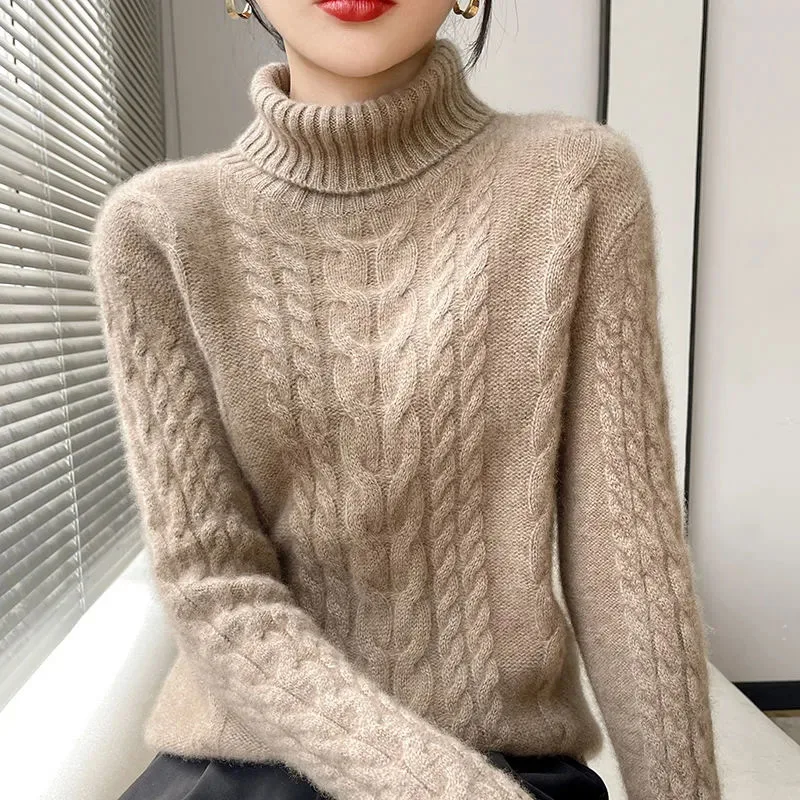 

New Women's Thick Woolen Sweater Turtleneck Twist Pullover Sweaters Coat Winter Warm Bottom Knit Female Knitted Sweaters Apricot