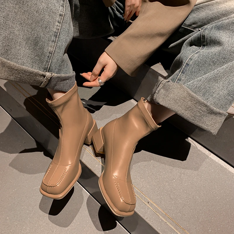 

Classics Autumn Winter Ankle Boots for Women Zipper Med Heels Square Toe Black Beige Dress Office Lady Shoes Size 34-39 2024 New