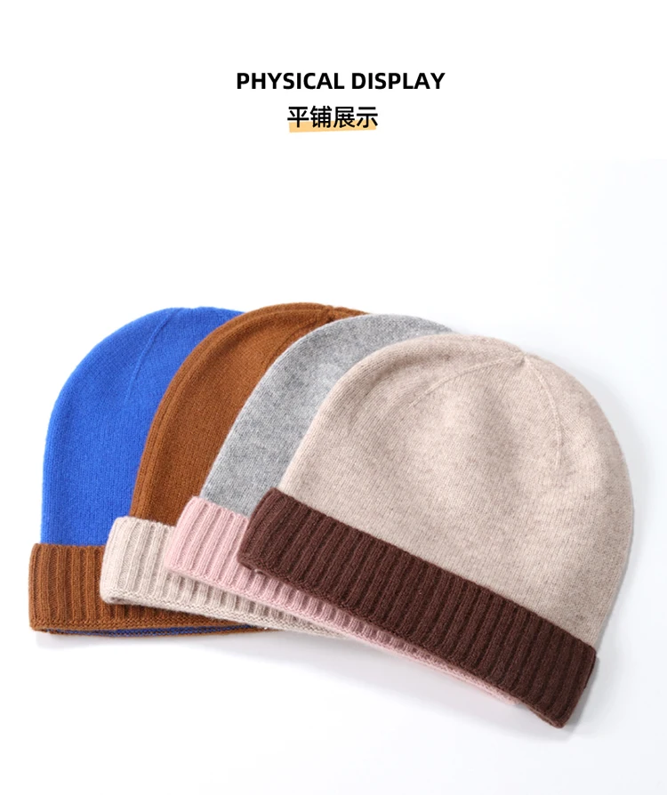 Verkauf Kinder Reine Wolle Stricken Rippen Saum Beanie Cap 2 Töne Match Warme Kinder Hut Winter Herbst Warme Junge Mädchen Natürliche Wolle Chapeau – Detail 5