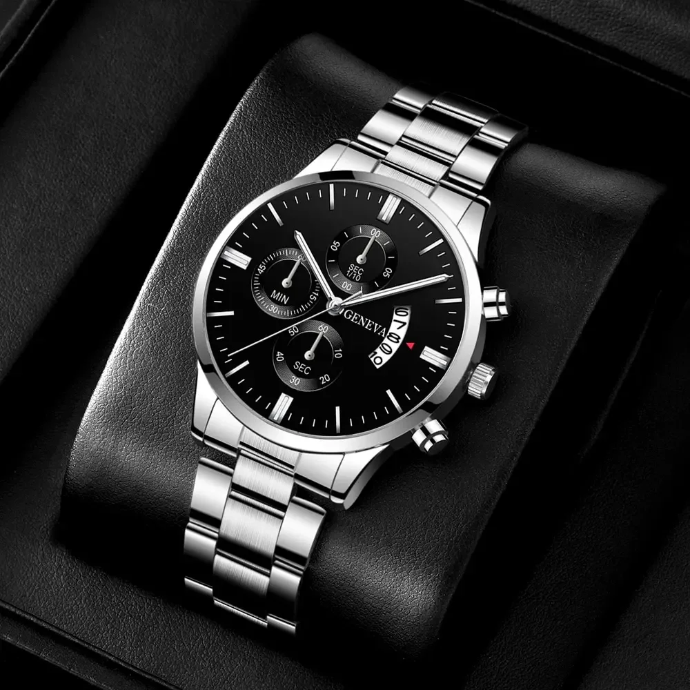 Quartz Watch Fashion Mens Luxury Silver Stainless Steel Quartz Wrist Watch Man Business for Men Calendar Clock Reloj Hombre