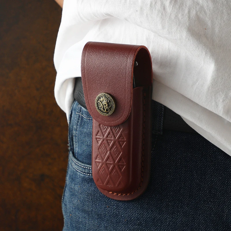 Handcrafted Genuine Leather Folding Knife Case - Durable Cowhide Side-Mounted Protective Storage Sleeve