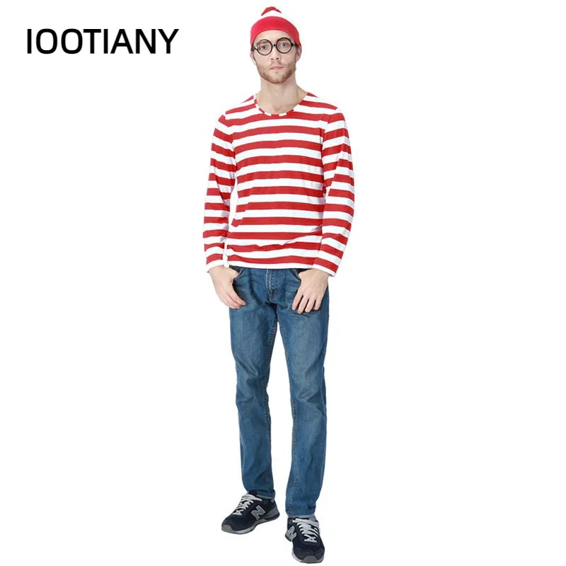 S-XXL Parent-Child Cartoon Where is Wally Waldo Costume Waldo Book Week Cosplay Outfit Stripe Shirt Hat Glasses Kit cosplay costume