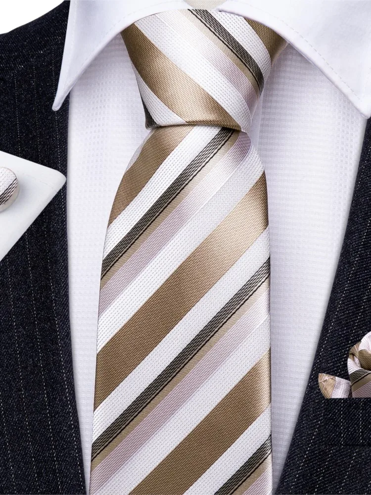 Champagnerfarbene gestreifte Hochzeitskrawatte für Herren, luxuriöses Taschentuch, Manschettenknöpfe, hochwertige Anzugkrawatte, Designer-Geschenke 5323 – Detail 8