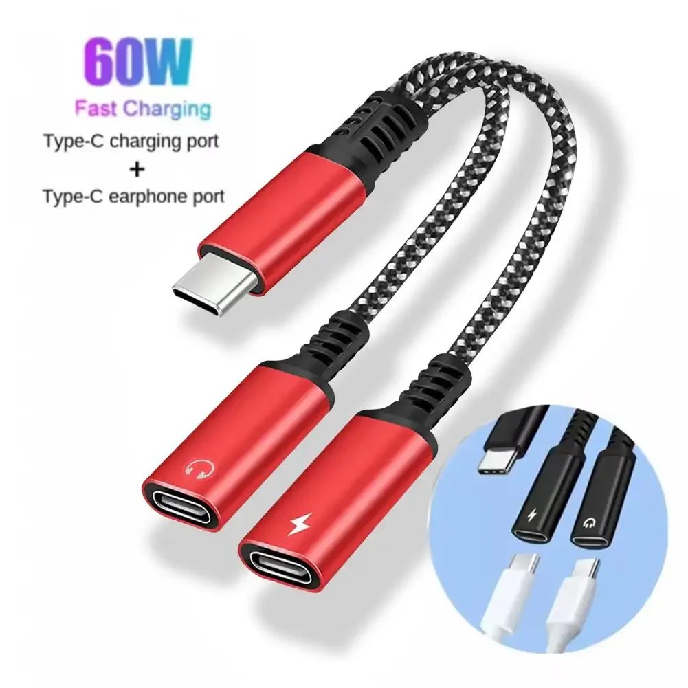 30w Type C Splitter To Dual Type USB C Headphone Jack Audio Adapter Fast Charging Connector For Samsung IPhone 2 In 1 K7N8 usb to type c adapter type c adapter audio headphone adapter type c to 3.5mm adapter type c aux adapter type c to aux adapter 3.5mm audio adapter