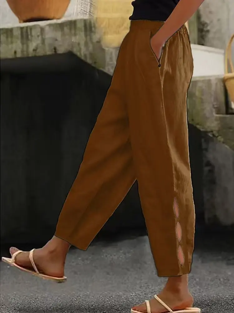 Women Fashion Embroidered Lace Trousers Vintage Lace-Up Pockets Pants Summer Elegant Loose Elastic Waist Long Pants Streetwears