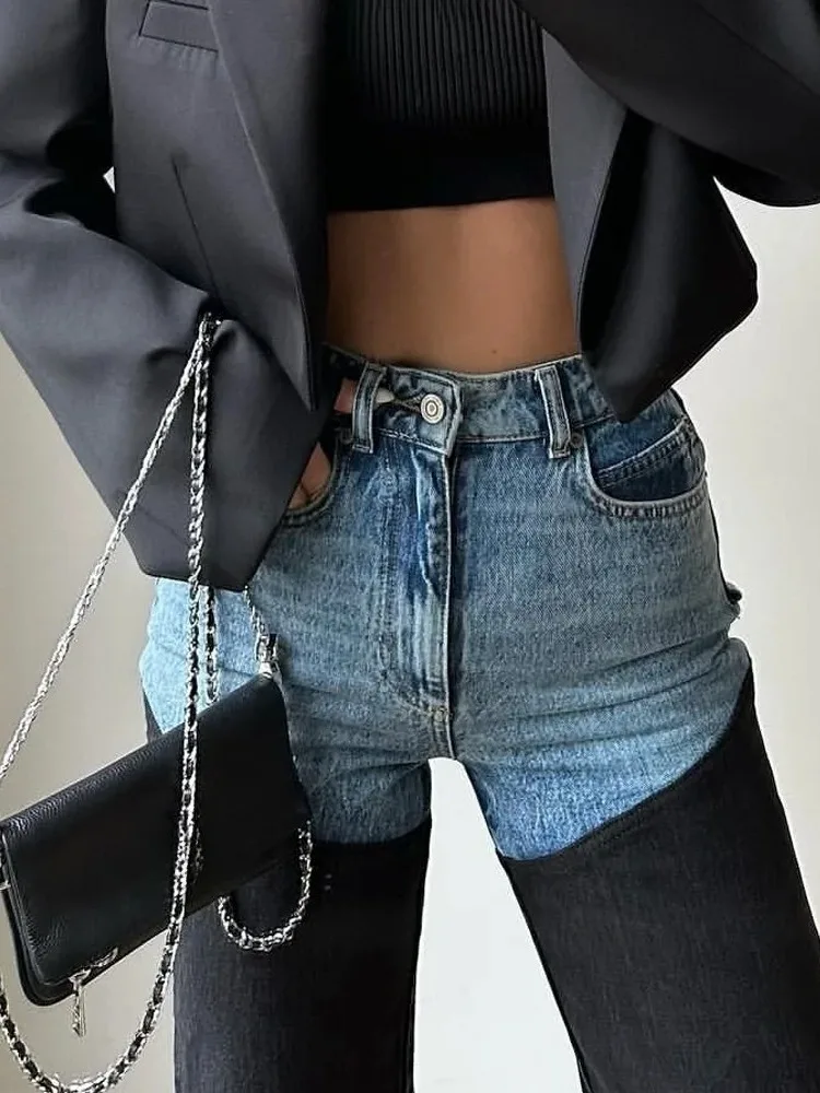 Faionable Casual Patchwork Distred Straight Leg Women's Jeans High Waist Straight Cut Ladies' Casual Pants