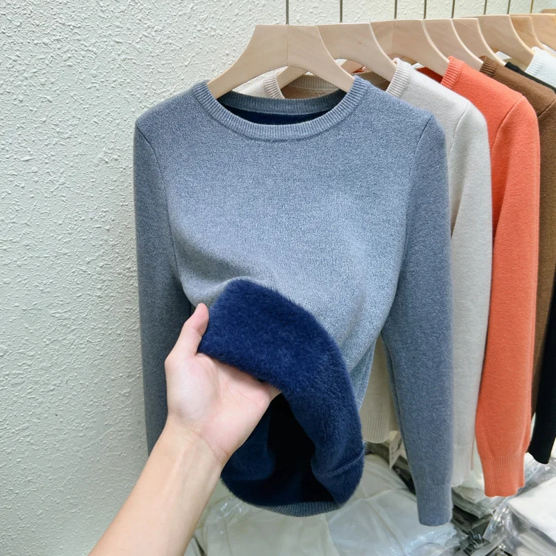 Autumn and Winter Women's O Neck Slim-fitting Long-sleeved Sweater Solid Color Elegant Fashion Knitwear Integrated Fleece Top