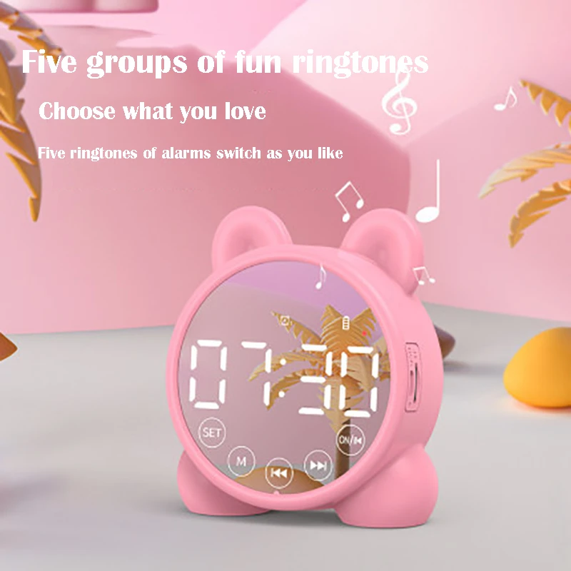 

C2 Cute Cat Kids Alarm Clock Mirror Table Clock Digital Alarm Clock Bedside Clock Children Sleep Led Clocks Bluetooth-Compatible