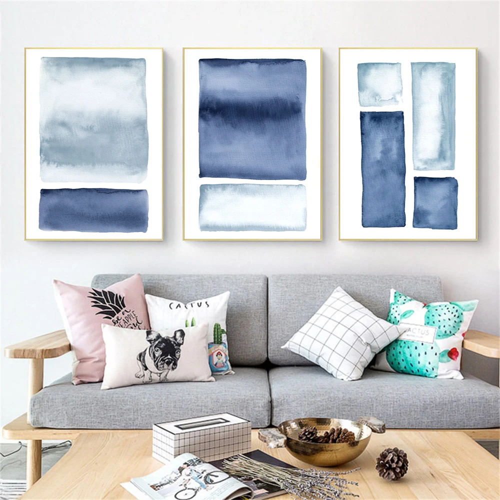 Nordic Minimalist Abstract Blue Geometry Print Indigo Art Watercolor Abstract Painting Nordic Decor For Living Room Poster