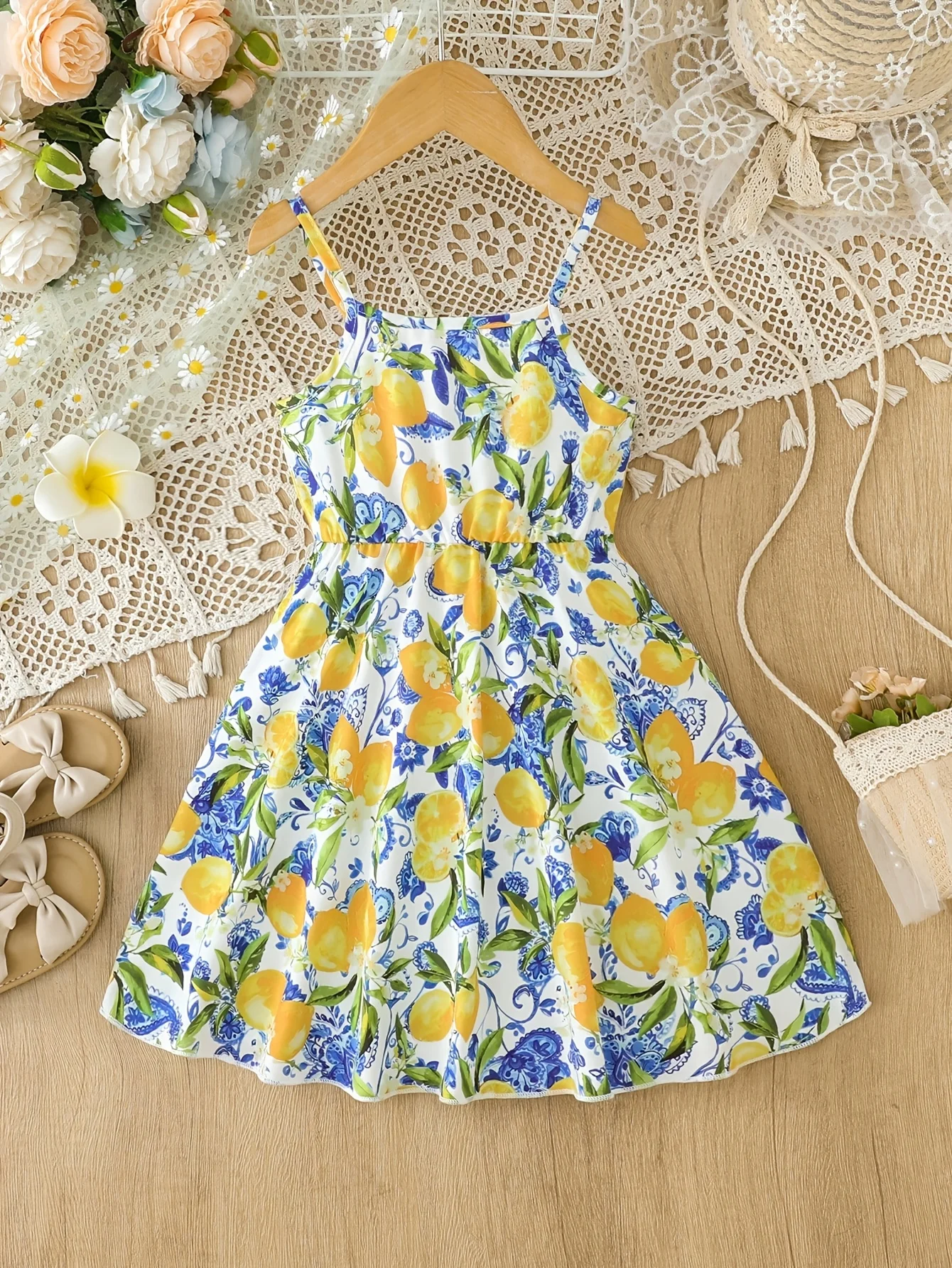 Girls' Summer Casual Dress with Floral Print T-Strap Dress in Yellow-Green Color Scheme, Fresh and Energetic, Suitable for Girls Aged 4-8 for Various Summer Occasions - 2