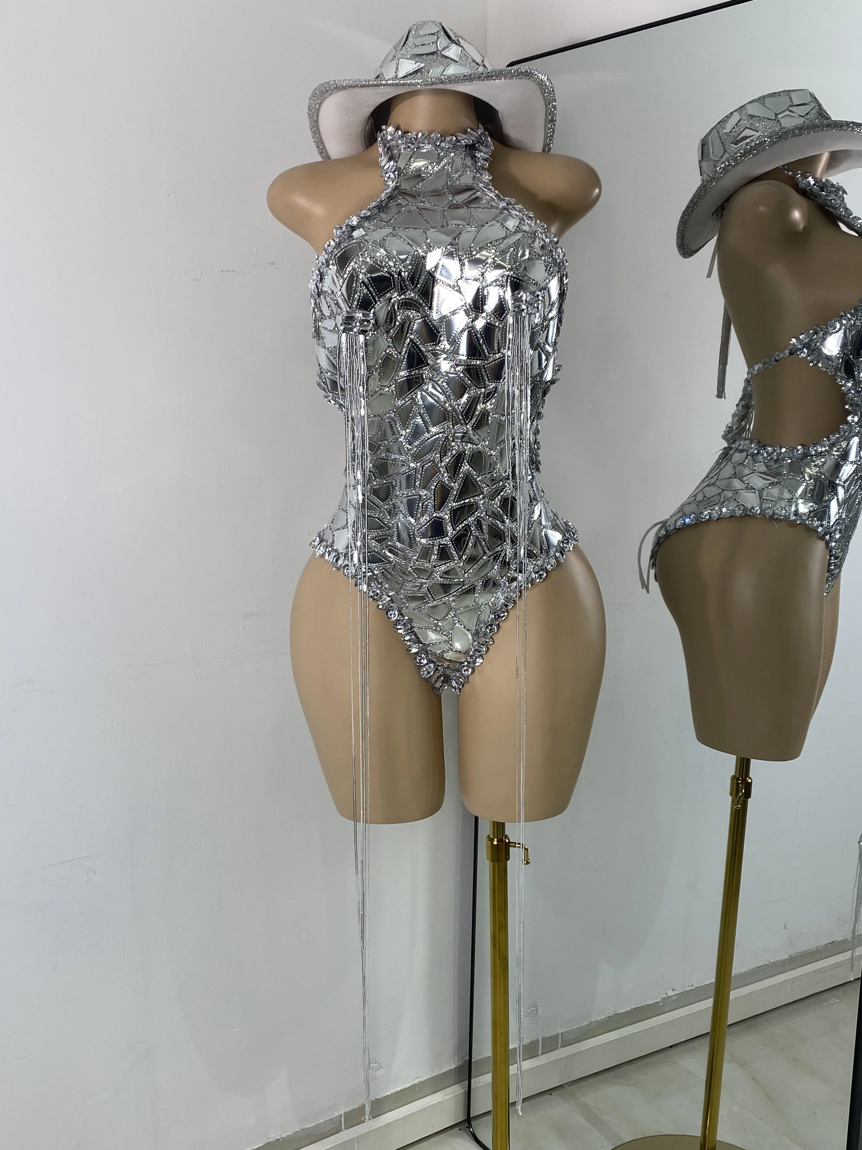 Sparkly Diamond Tassel Silver Backless Bodysuit Women Sexy Sleeveless Performance Dance Costume Night Club Stage Outfit With Hat