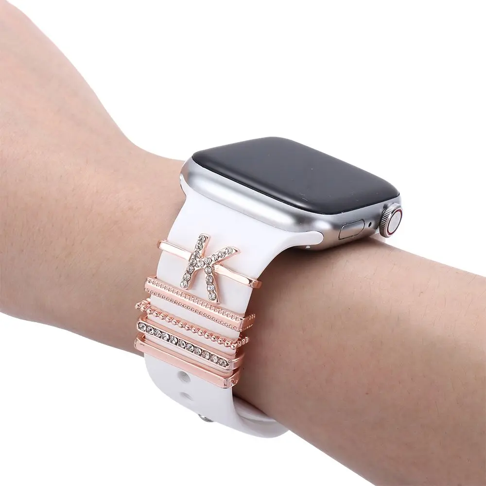 

5 pcs Letters Metal Charms Decorative Ring For Apple Watch Band Diamond Ornament Smart Watch Silicone Strap Band Ornament Nails