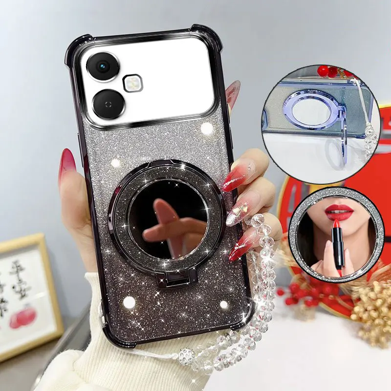 Glitter Shockproof Phone Case with Mirror Stand and Beaded Strap