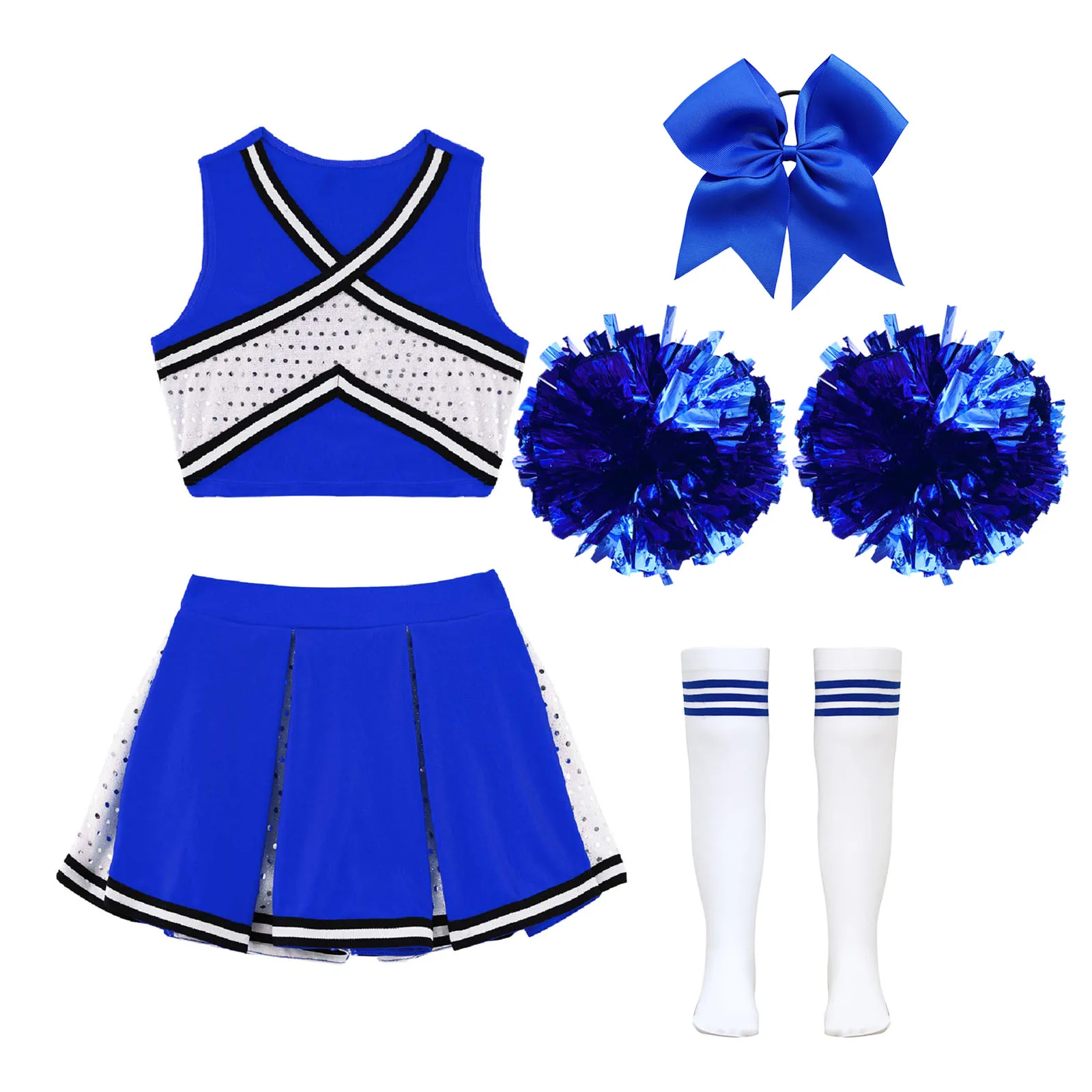 Costume da cheerleader per bambine, completo con top corto con paillettes, gonna a pieghe, copricapo e calzini a righe, uniforme da cheerleader scolastica. - immagine 5
