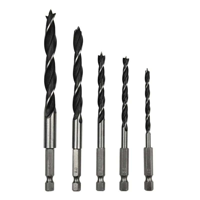 5pcs 1/4 4/5/6/8/10mm Hexagonal Handle Three Pointed Woodworki Drill Bit Set Woodworking Hole Reaming Power Tool 6pcs set 10 25mm woodworking three point flat bit drill titanium plated hexagonal shank drill bit woodworking opening tool