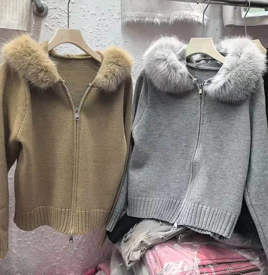 Women Loose Fit Fur Collar Sweater Coat Zip Up Knitwear Cardigan