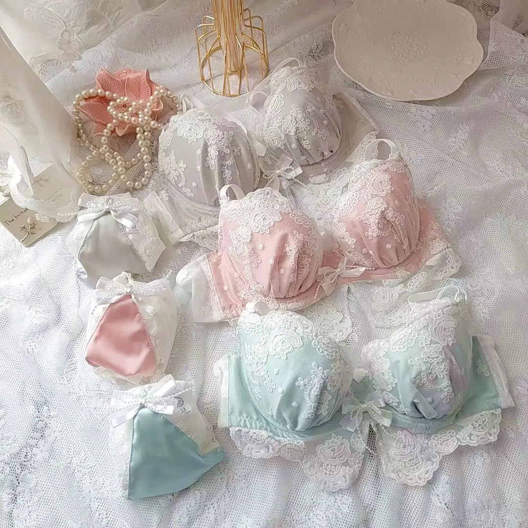 Women Japanese Lace Cute Embroidery Thin Cup Girl Kawayi Students Push Up Sexy Lingerie Bra Set Large Size
