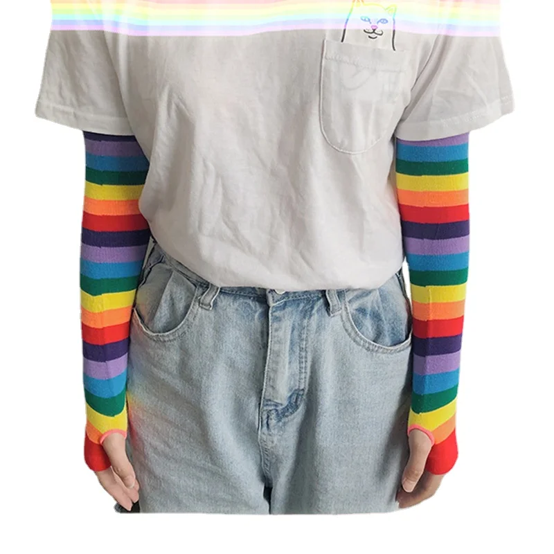 

Colorful Lolita Cute Arm Sleeves Striped Arm Sleeves Rainbow Sun Protection Sleeve JK Protection RainBow Sleeves Arm Warmers