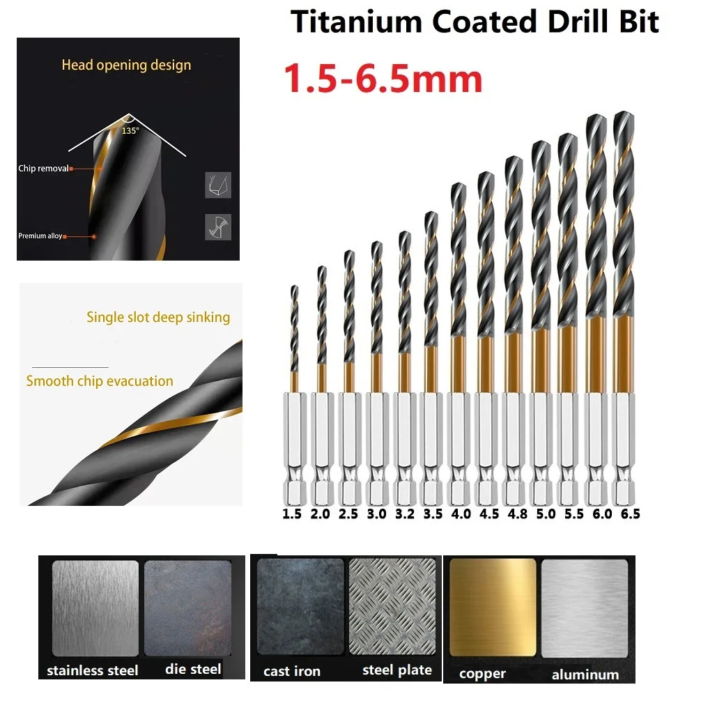 

HSS Drilling Bit Titanium Coated Drill Bits High Speed Steel Hex Shank Drill Bits For Aluminum Thin Iron Wood Power Hand Tools