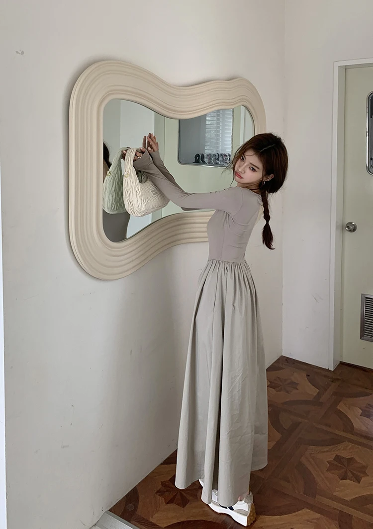 Casual Knitted Midi Dresses for Women Solid Long Sleeves Square Collar A-line Autumn New Elegant Dress Female Slim Vestidos