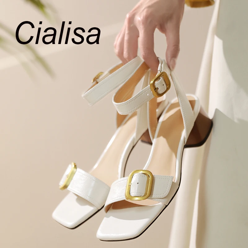 

Cialisa Open-Toed Sandals Summer Newest Casual Women Shoes Genuine Leather Concise Ankle Strap 5cm Mid Heels Footwear For Lady