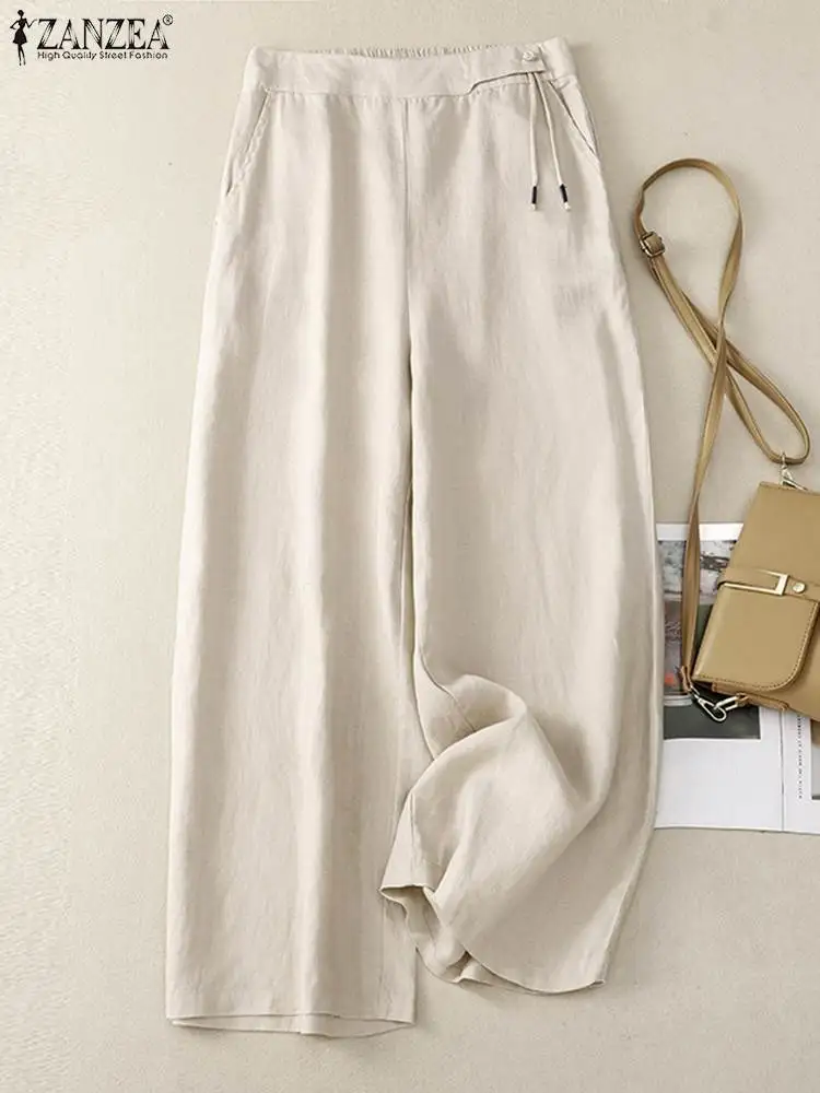 ZANZEA 2023 Autumn Pants Women Vintage Solid High Waist Palazzo Stylish Spring Wide Leg Trousers Loose Work Pantalon Oversize