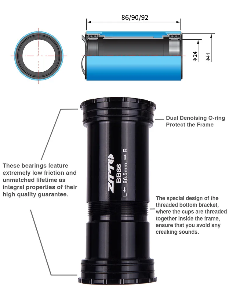 Description Picture 4 of itemZTTO MTB Road Bike BB86 PressFit Bottom Bracket For 86/90/92mm Frame Shell DUB 28.99 Crank Axis 22mm 24mm 30mm Crankset Spindle