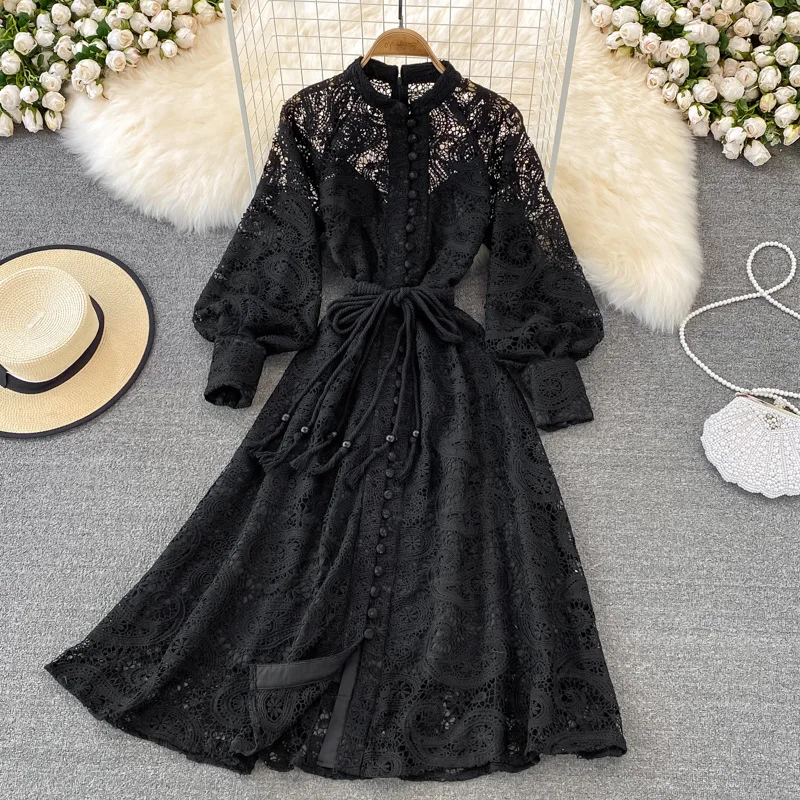 Vintage Court Style Lace Dress Women Elegant Hollowed Out Lantern Long Sleeve Slim Party Dresses Ladies Beige Black Long Robe