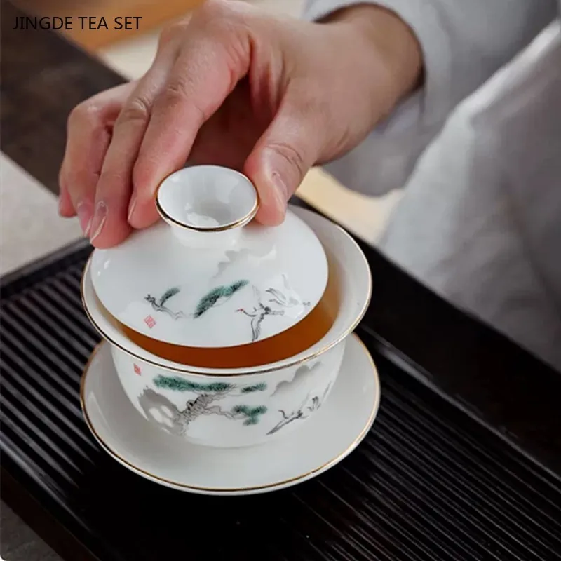 120ml Hand-painted White Porcelain Gaiwan High-quality Mutton Fat Jade Porcelain Teacup Portable Ceramic Teaware Tea Infuser