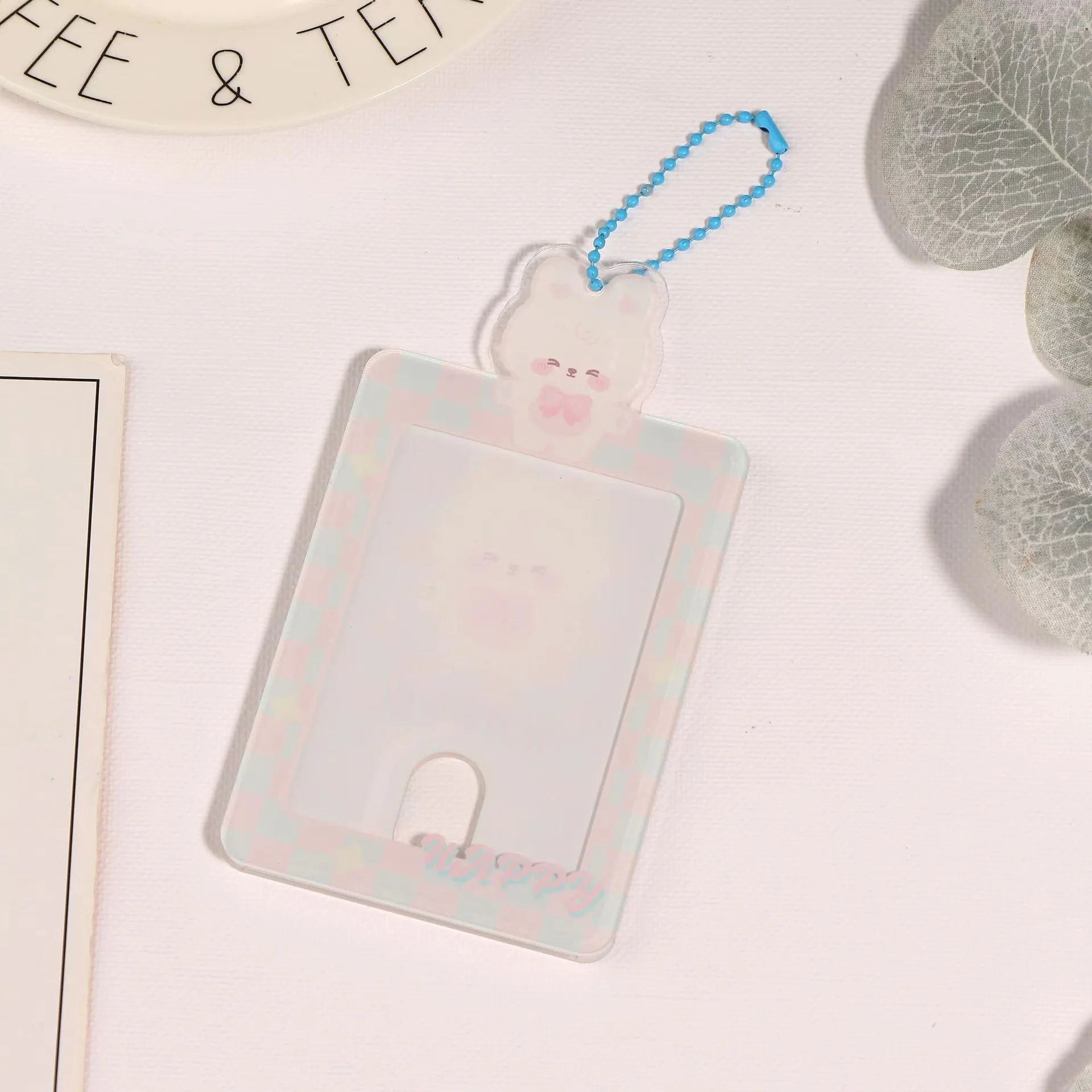 Kawaii checkerboard Bear Acrylic Photocard Holder Postcards Protective Case Photo Sleeves 3 inch Kpop Decoration Bag Pendant
