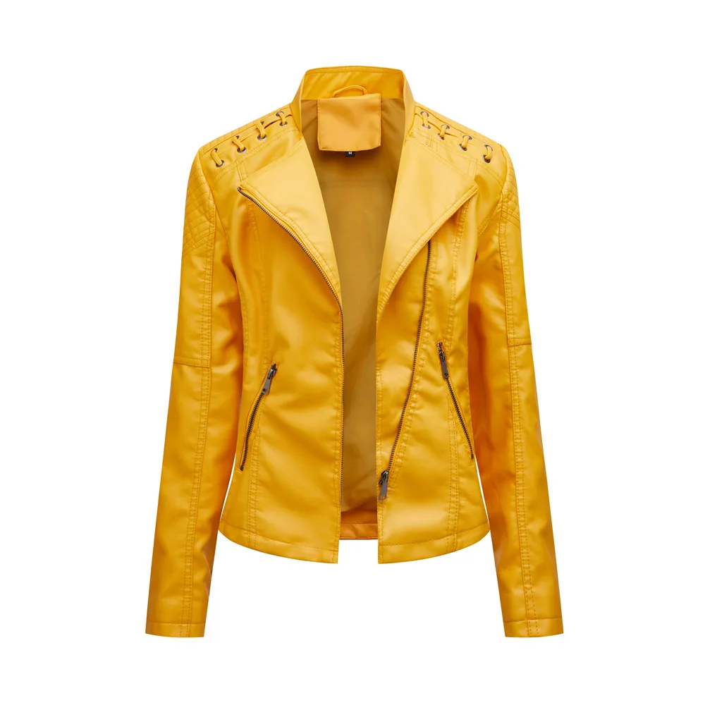 цена 2022 Autumn PU Leather Jacket Women Short Coat Long Sleeve Stand Collar Zipper Faux Leather Motorcycle Jacket