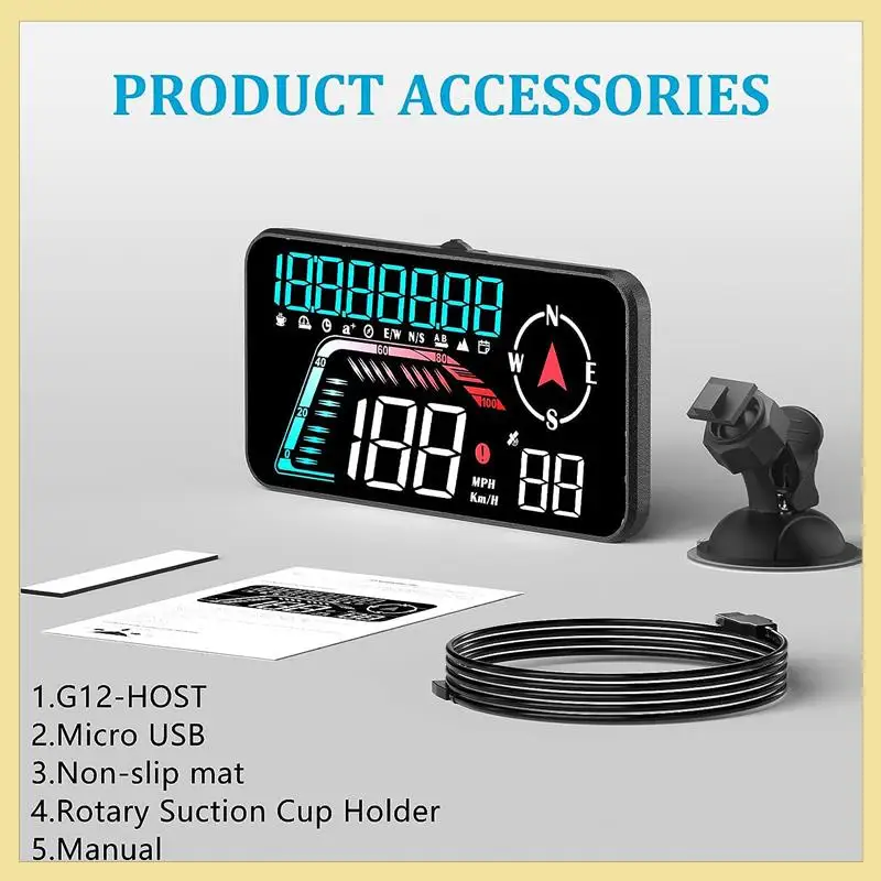 G12 HUD Head-Up Display GPS Car Display Speeding Alarm Driving Speed Universal As Shown Easy Install Easy To Use