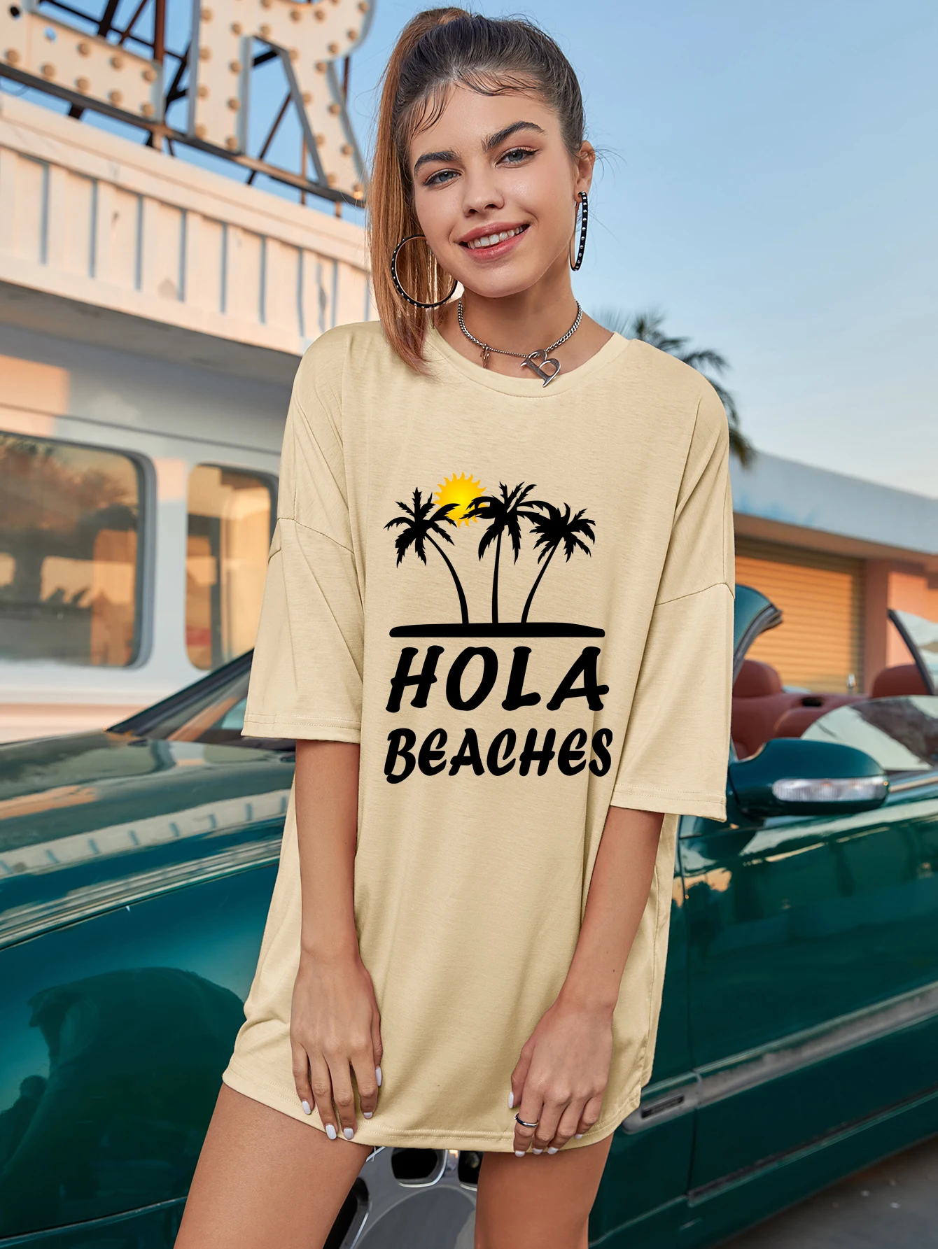 

Цветная Пляжная футболка большого размера hola beach, винтажная женская Пляжная футболка с графическим рисунком
