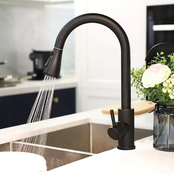 Black Pull Out Kitchen Sink Faucet Deck Mounted Stream Sprayer Kitchen Mixer Tap Bathroom Kitchen Hot Cold Tap 2