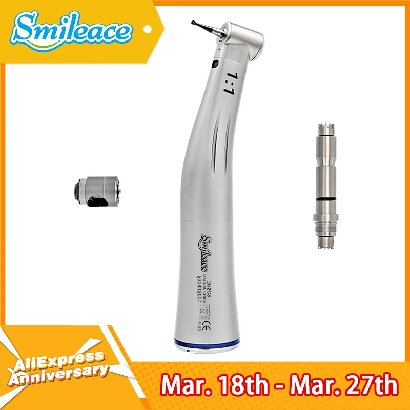 SEASKY Dental Low Speed LED Contra Angle Handpiece - 1:1 Ratio, Inner Water Spray, Fiber Optic