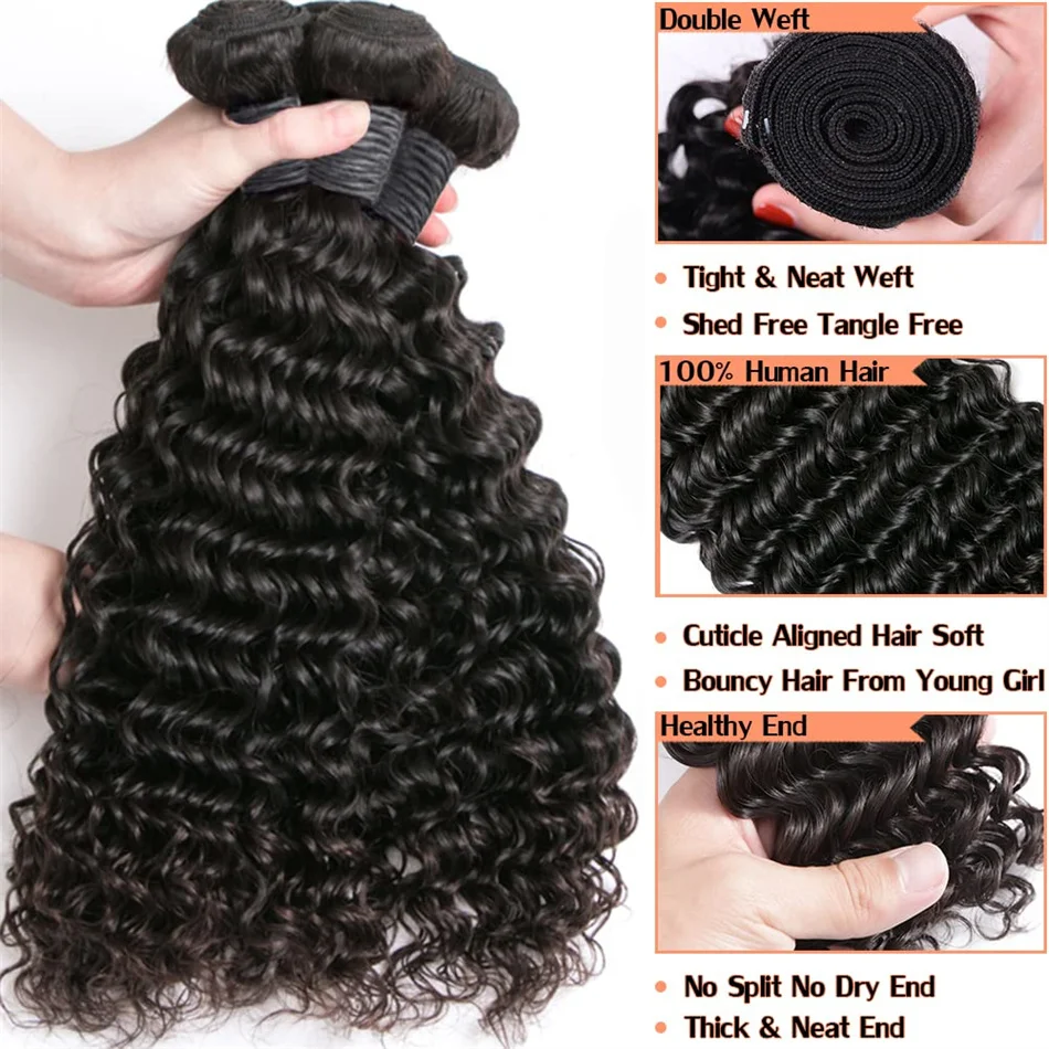 Deep Wave Hair Bundles Brazilian Hair Weave Bundles 1 3 4 PCS Virgin 100% Human Extensions Thick End
